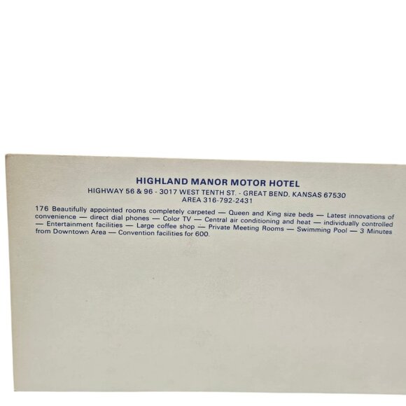 Vintage Highland Manor Motor Hotel Postcard Great Bend Kansas Large - Picture 12 of 15